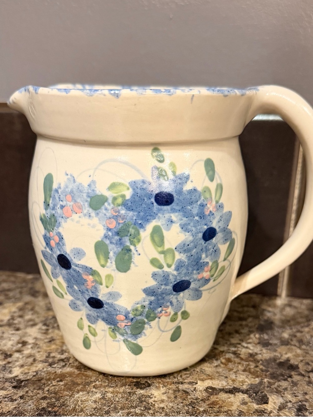VTG East Texas Pottery Hand Painted Stoneware Blue Sponge Pitcher
